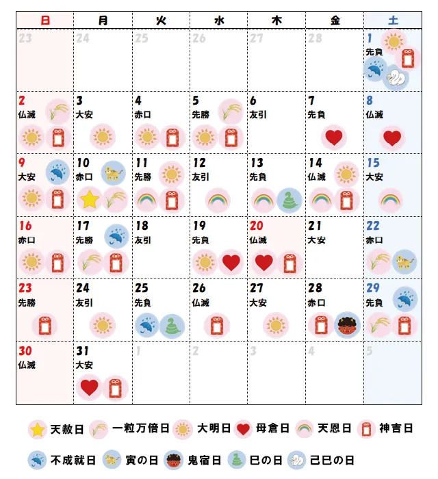 2025年3月の吉日カレンダー