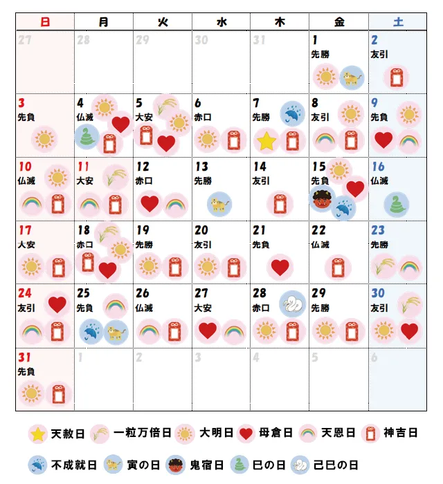 2025年8月の吉日カレンダー