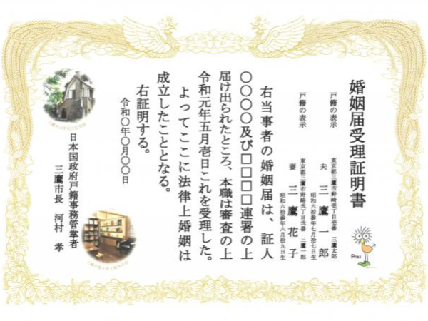 宮崎駿監督のイラストが登場する婚姻届受理証明書（東京都三鷹市）